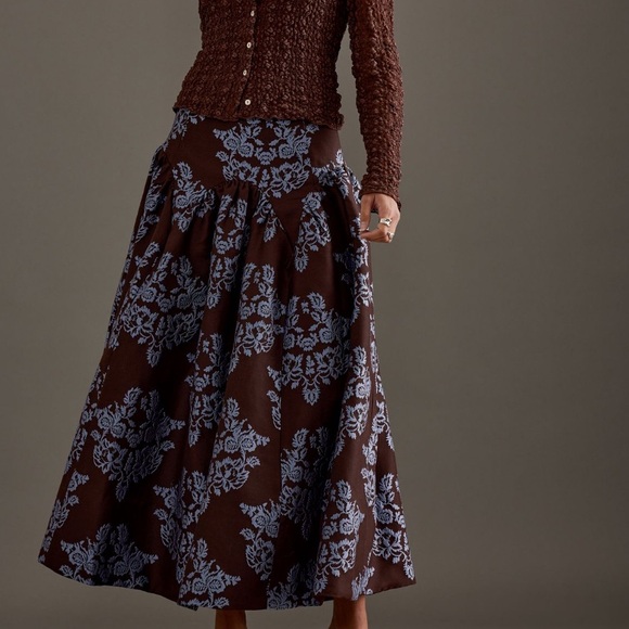 By Anthropologie Brocade Midi Elegant Brown Patterned Skirt NWT 2P - Picture 6 of 16